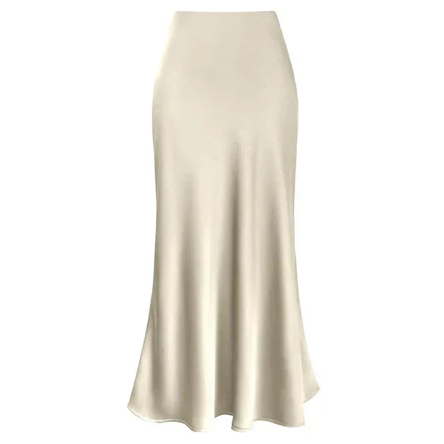 Shiny long satin skirt for women, elegant fashion. High-waisted midi skirt, ideal for evening & spring.