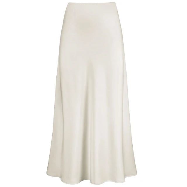 Elegant women's long shiny satin skirt, perfect for evening wear & fashion. High-waist midi style.
