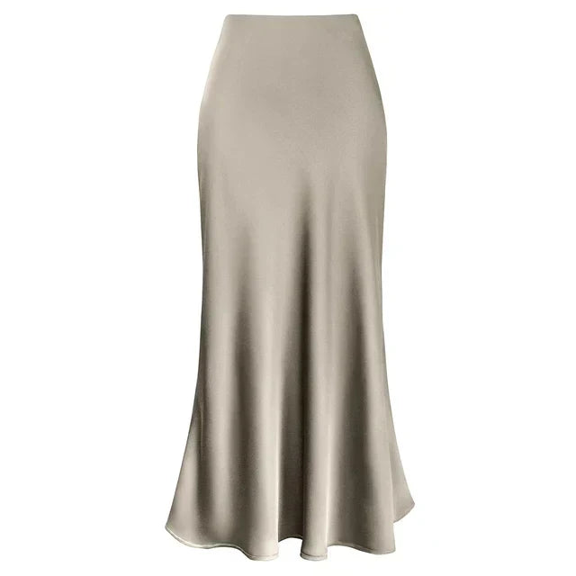 Chic women's high-waist long satin skirt, elegant for evening parties. Shiny summer & spring fashion midi.