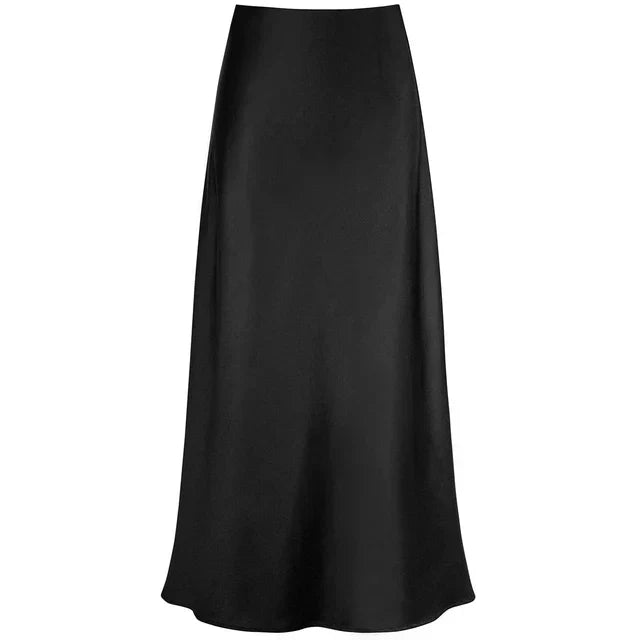 Flowy women's high-waist long satin skirt, shiny & elegant. Fashionable midi skirt perfect for parties.