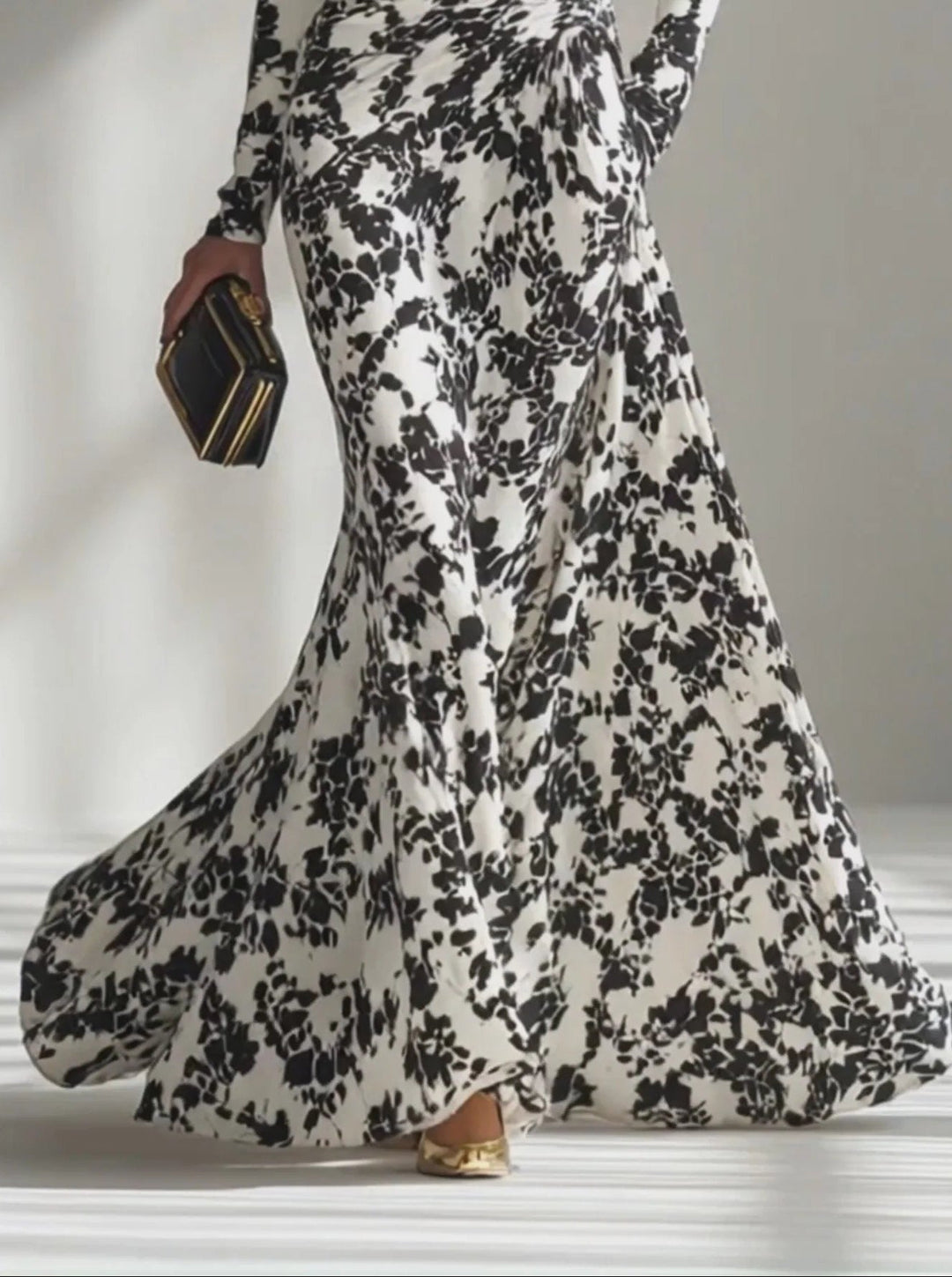 Sophisticated black & white floral print elegant maxi wrap dress for women. A stylish choice for formal evening events.