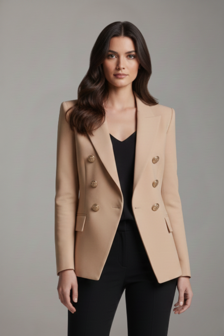 Smart casual women's double-breasted blazer, gold buttons, a versatile and chic tailored outerwear.