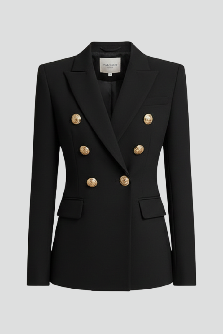 Women's double-breasted blazer with elegant gold button details, perfect for professional wear.