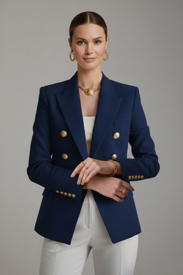 Chic women's tailored jacket, double-breasted design with sparkling gold buttons, modern professional wear.
