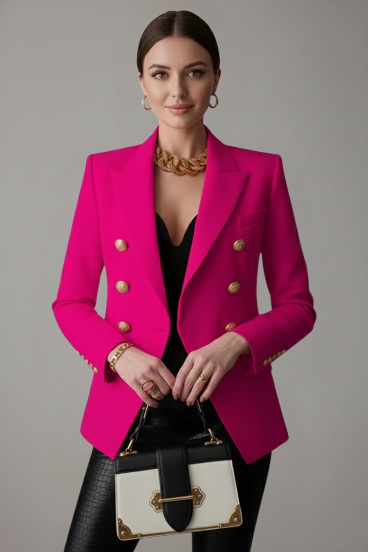 Detailed shot of fabric and gold buttons on a sleek women's double-breasted blazer, high-quality tailoring.