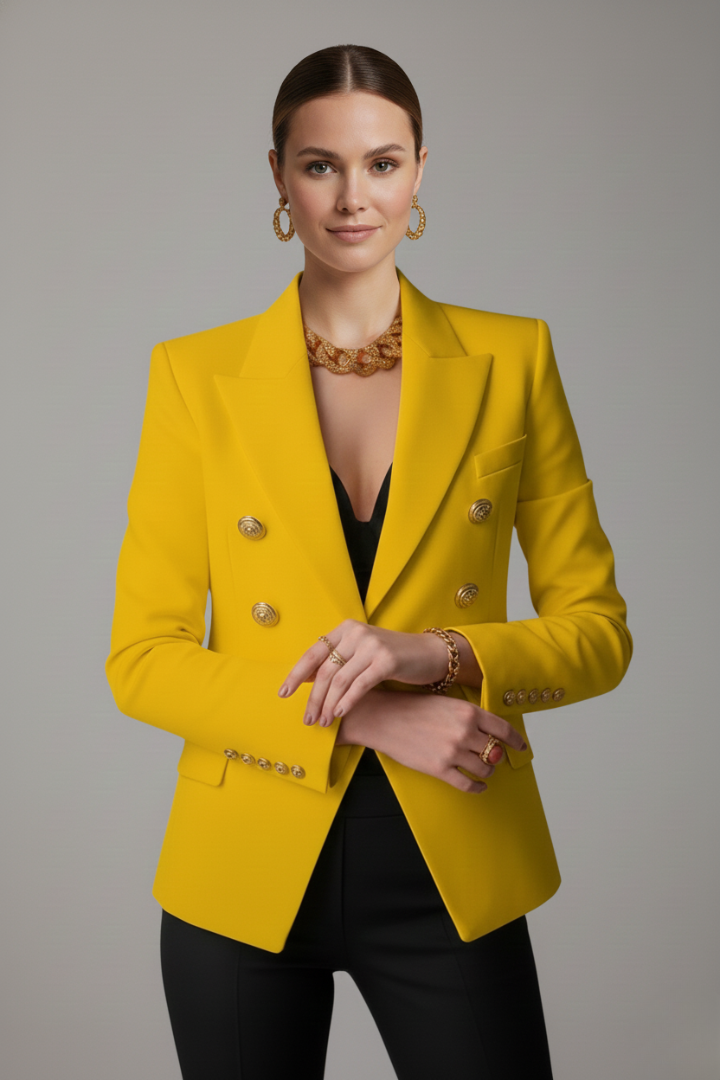 Professional women's blazer, double-breasted with gold accents, perfect for business and elegant wear.