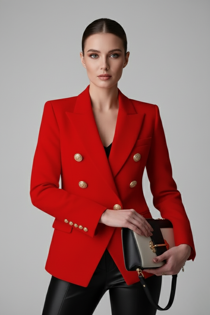 Classic double-breasted women's blazer featuring prominent gold buttons, a timeless tailored jacket.