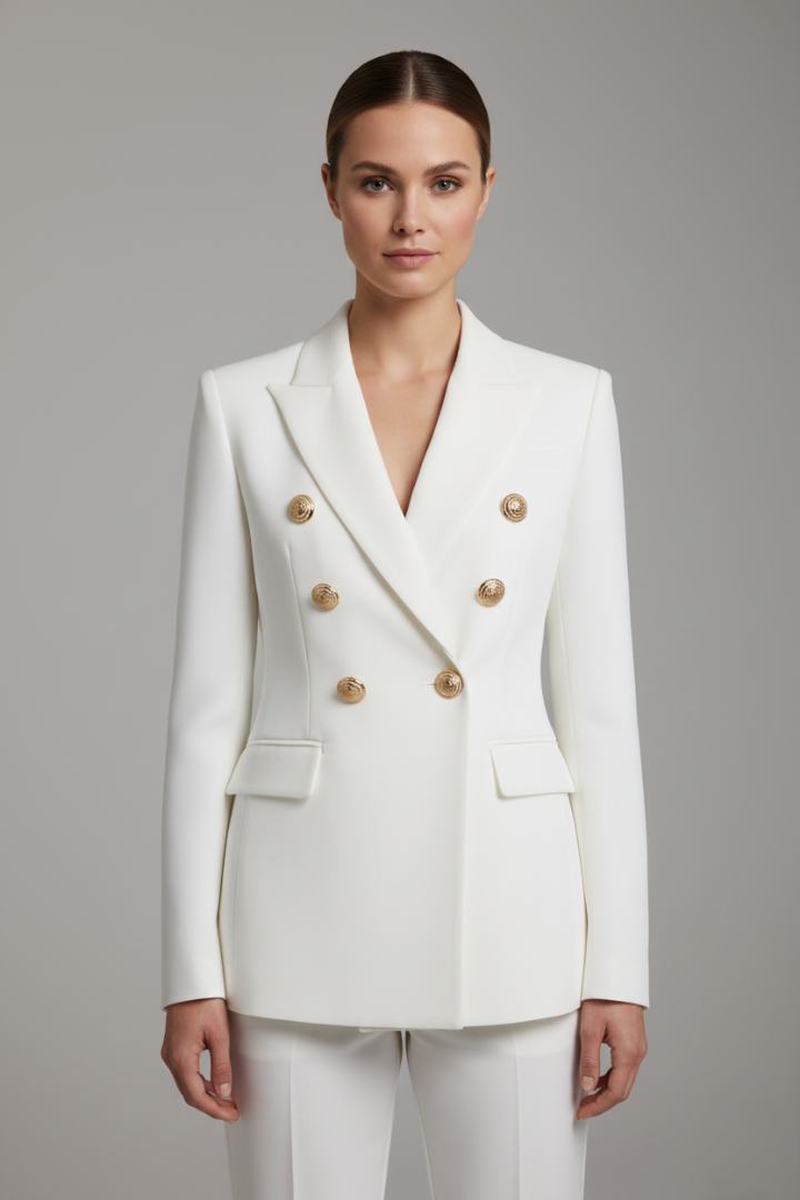Elegant women's double-breasted blazer, gold buttons, a sophisticated outerwear piece for any occasion.