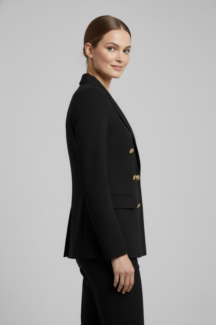 Close-up of gold button details on a stylish women's double-breasted blazer, showcasing quality.