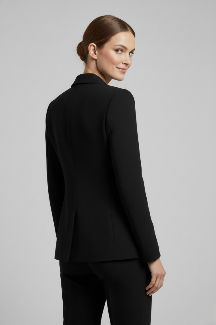 Full-length view of a woman wearing a tailored double-breasted blazer with gold buttons, professional chic.