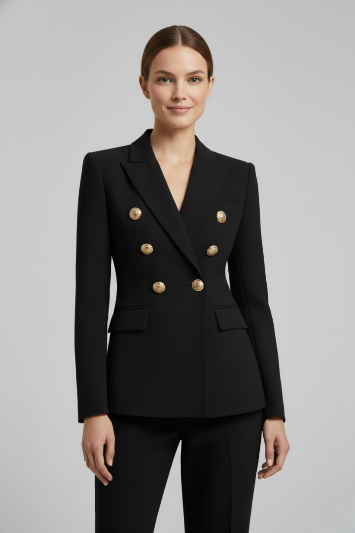 Chic tailored women's jacket, double-breasted design with striking gold buttons for smart casual elegance.