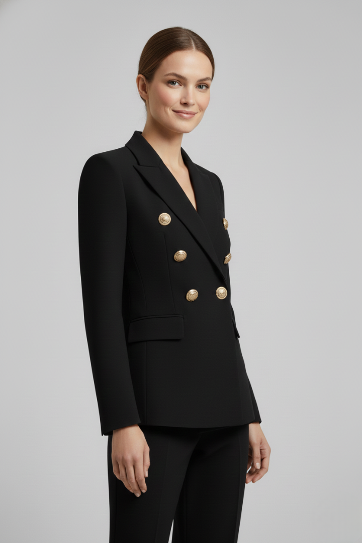 Versatile women's double-breasted blazer, gold buttons, ideal for elegant fashion and professional outfits.