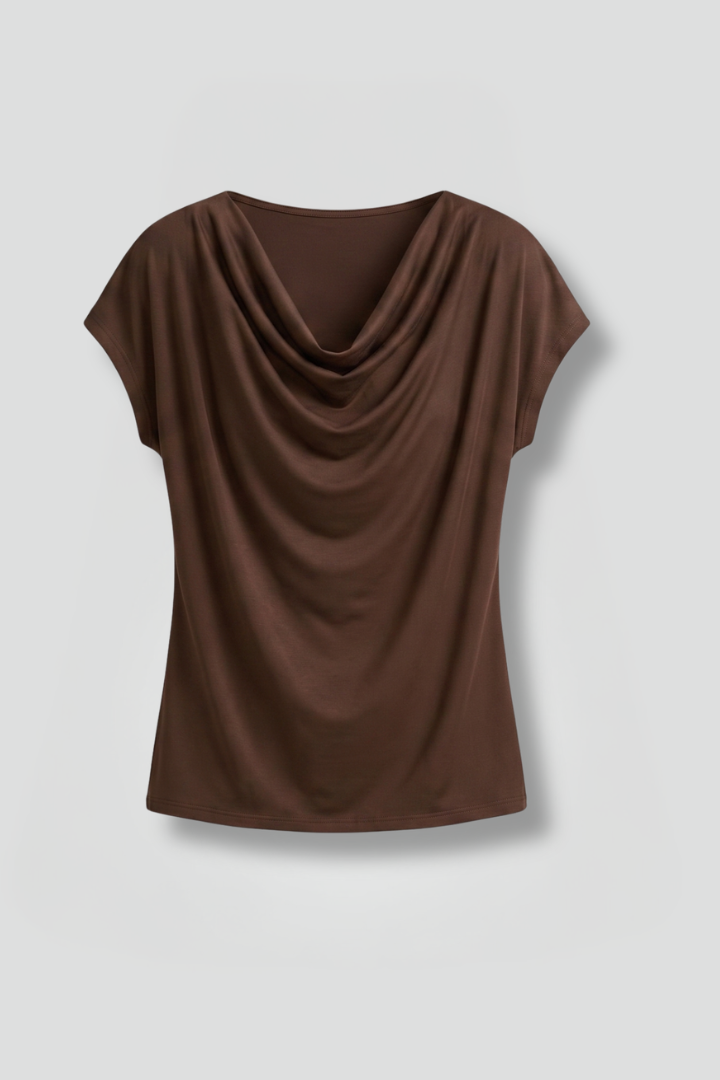 Elegant women's draped cowl neck blouse with short sleeves, perfect for chic casual wear.