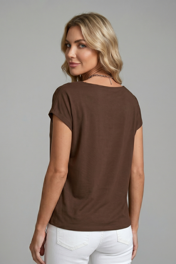 Draped cowl neck women's t-shirt, an elegant short sleeve blouse for versatile fashion.
