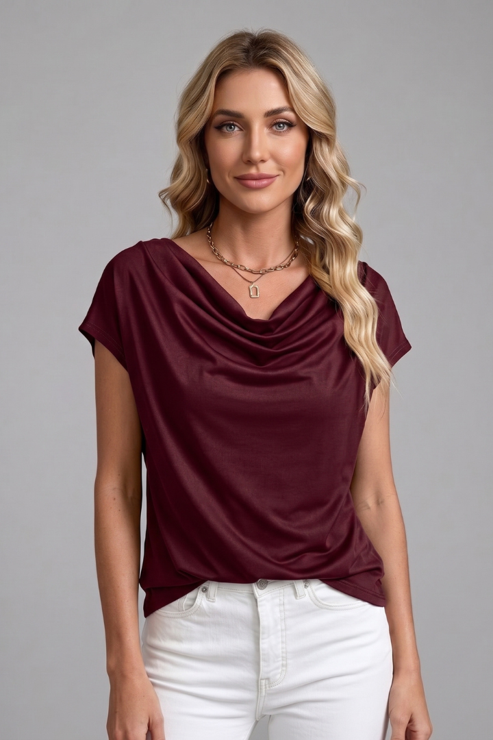 Chic women's draped cowl neck short sleeve blouse, a versatile and elegant addition to any wardrobe.