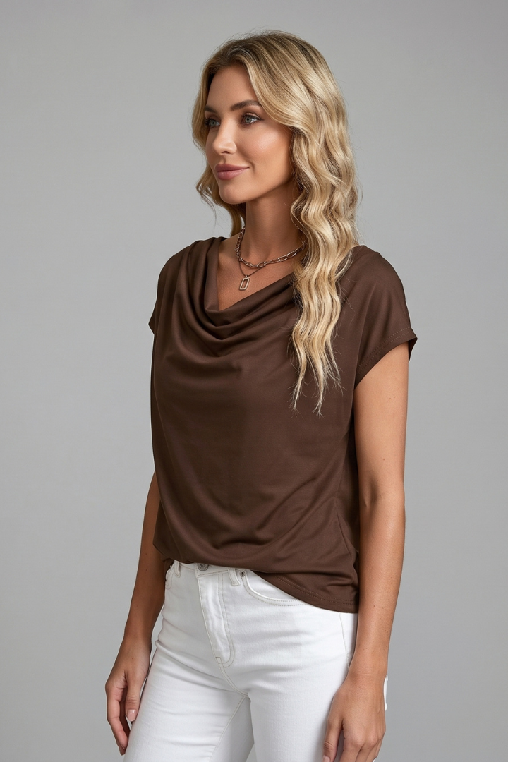 Women's fashionable short sleeve cowl neck top, elegantly draped for a flattering fit.