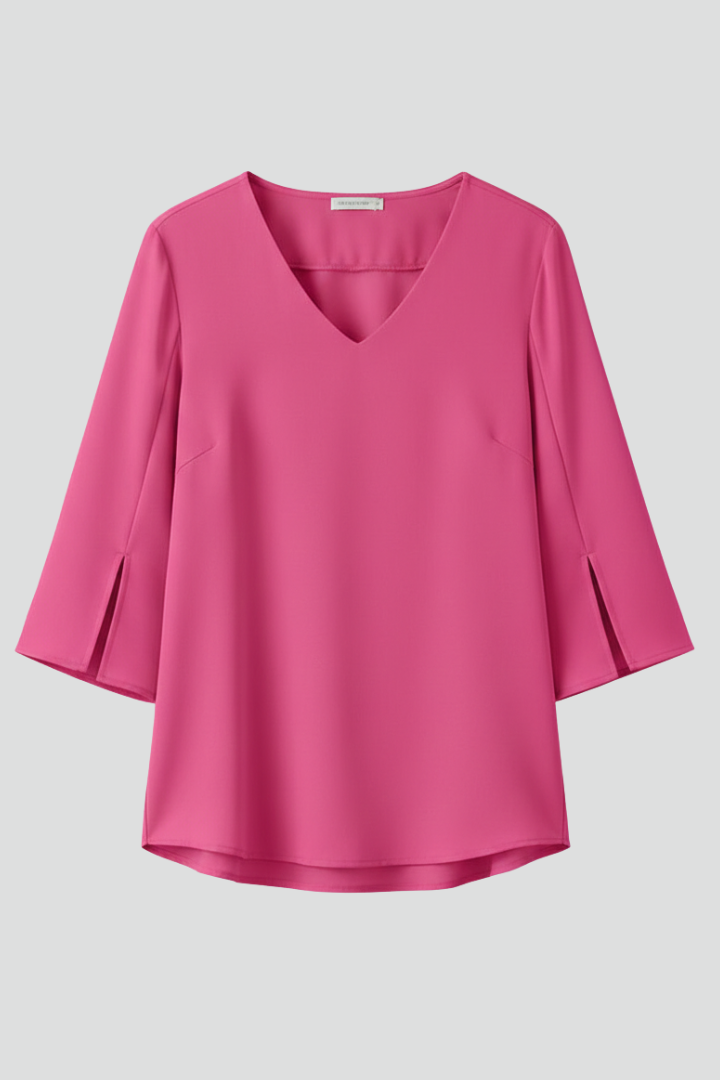 Women's effortless V-neck short sleeve blouse with a front pocket, perfect for casual or workwear style.