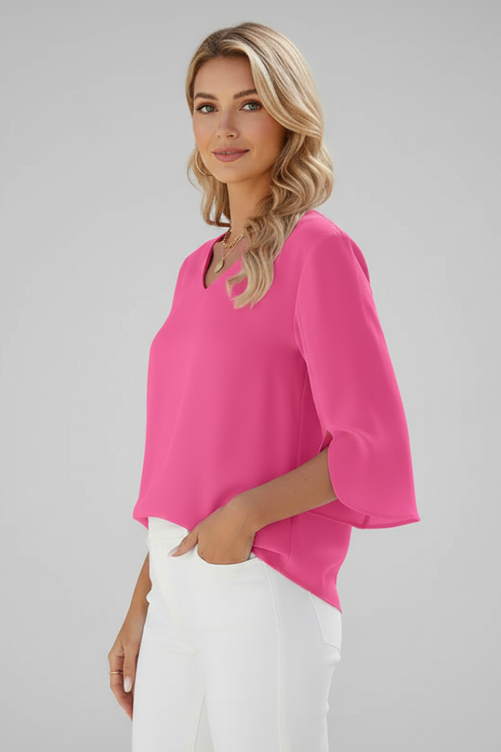 Professional women's short sleeve V-neck blouse, effortless workwear with a practical chest pocket.