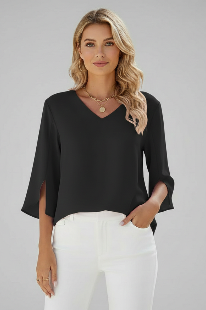 Lightweight women's V-neck short sleeve blouse & pocket. Effortless style for warm spring/summer days.