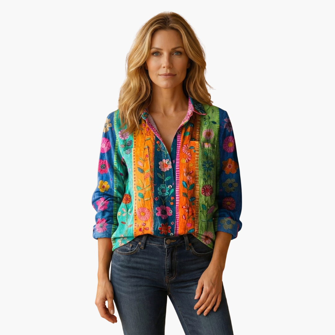 Stylish women's long sleeve top, elegant paisley pattern, suitable for various occasions.