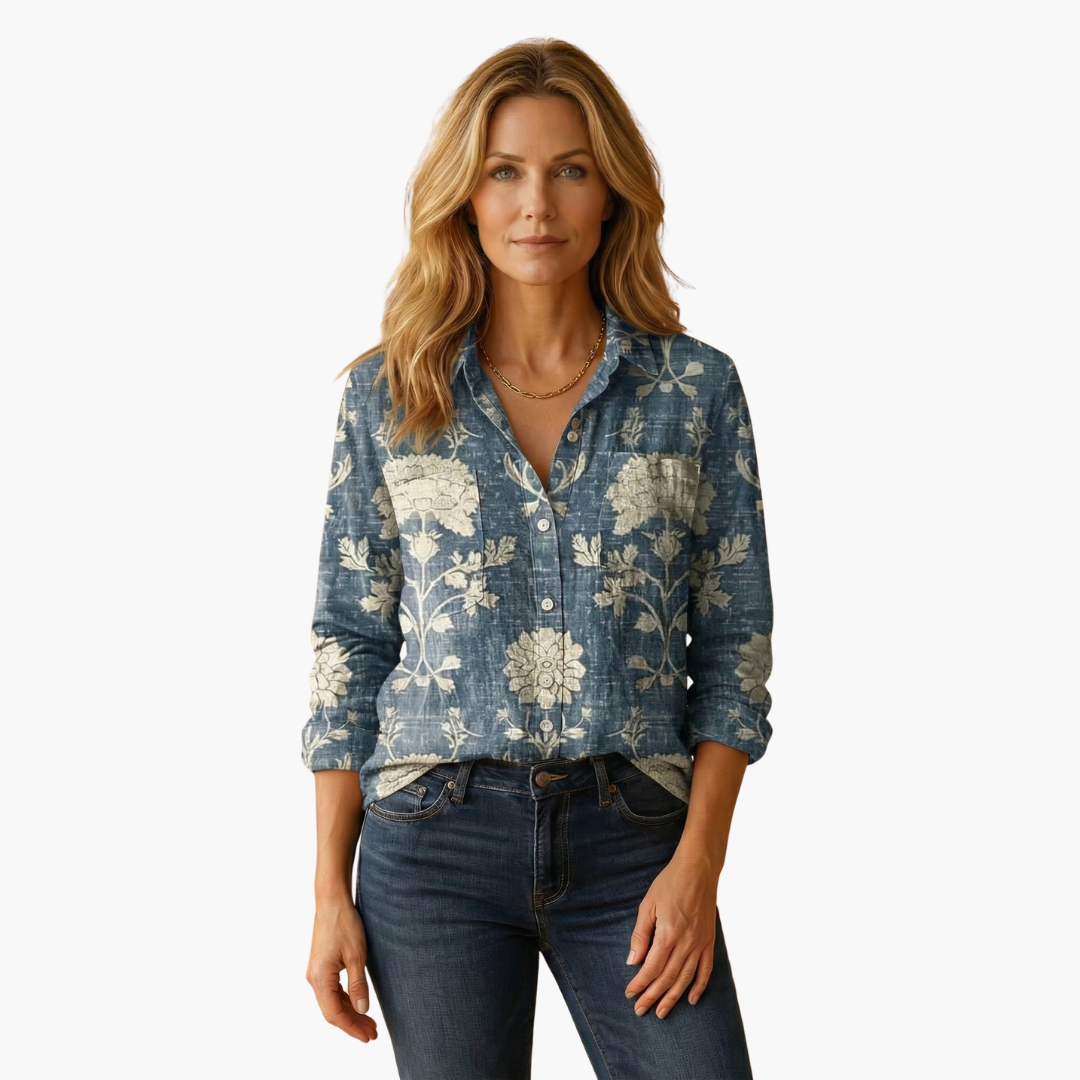 Fashionable women's paisley long sleeve top, great for everyday casual wear.