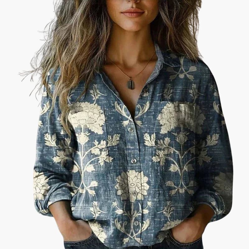 Elegant women's blouse, long sleeve with a sophisticated paisley print, office wear.