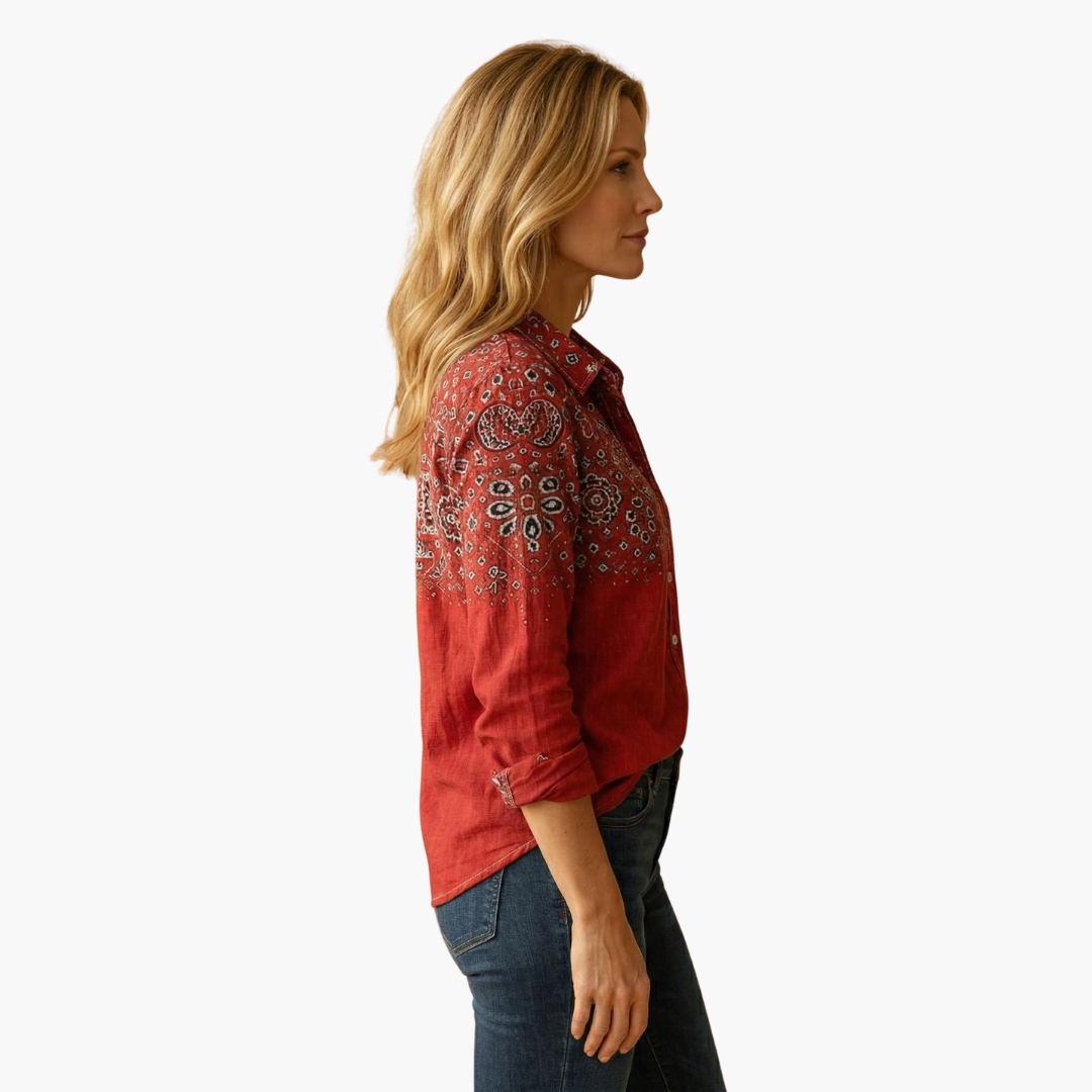 Elegant paisley top for women, long sleeve, versatile for fashion, casual or office.