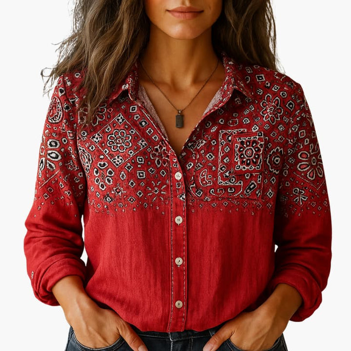 Women's paisley long sleeve blouse, elegant flow, perfect for casual or office wear.