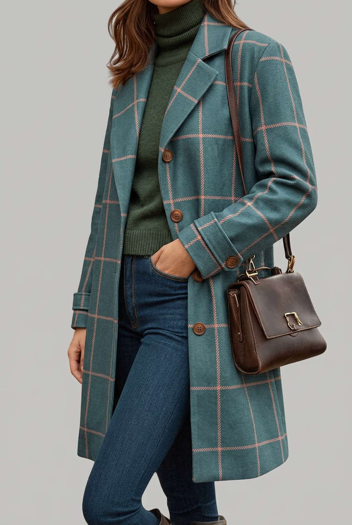 Elegant women's longline teal check coat with button front, perfect for fall & winter tailored fashion.