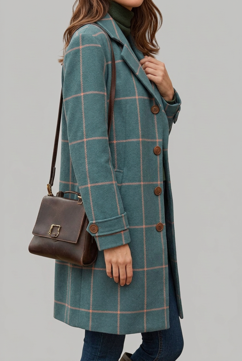Stylish women's tailored longline coat featuring a fashionable check pattern & front buttons. Elegant outerwear.