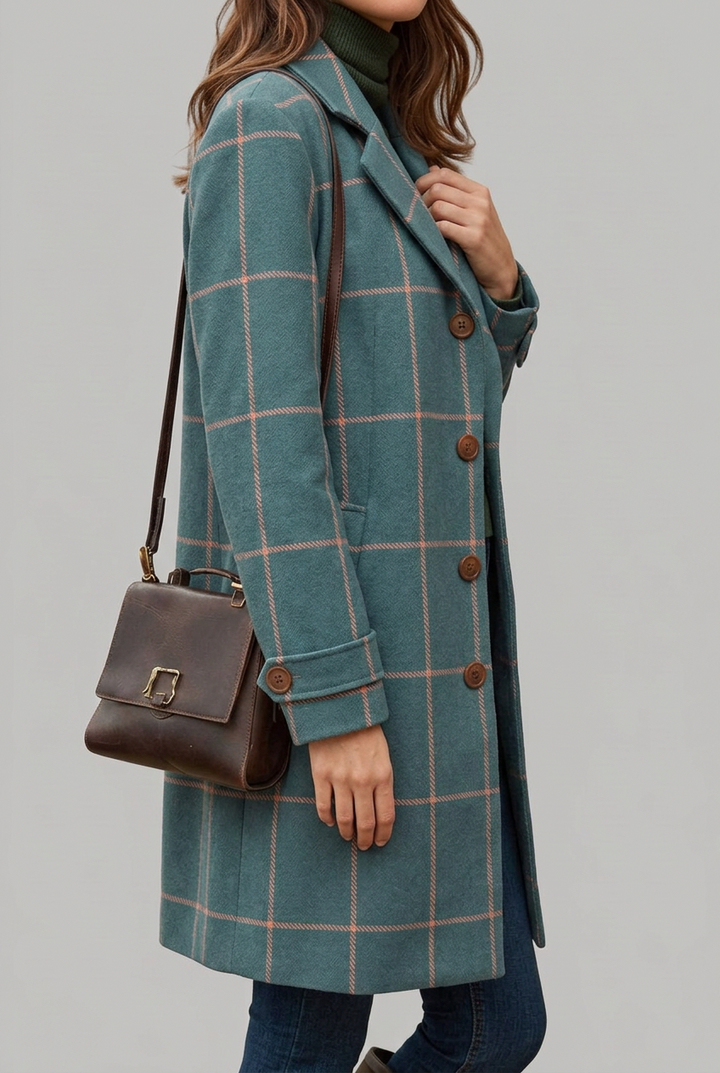 Stylish women's tailored longline coat featuring a fashionable check pattern & front buttons. Elegant outerwear.