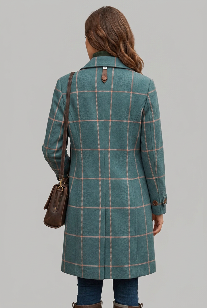 Teal check longline coat for women, elegant button-front design, ideal for stylish fall and winter casual wear.