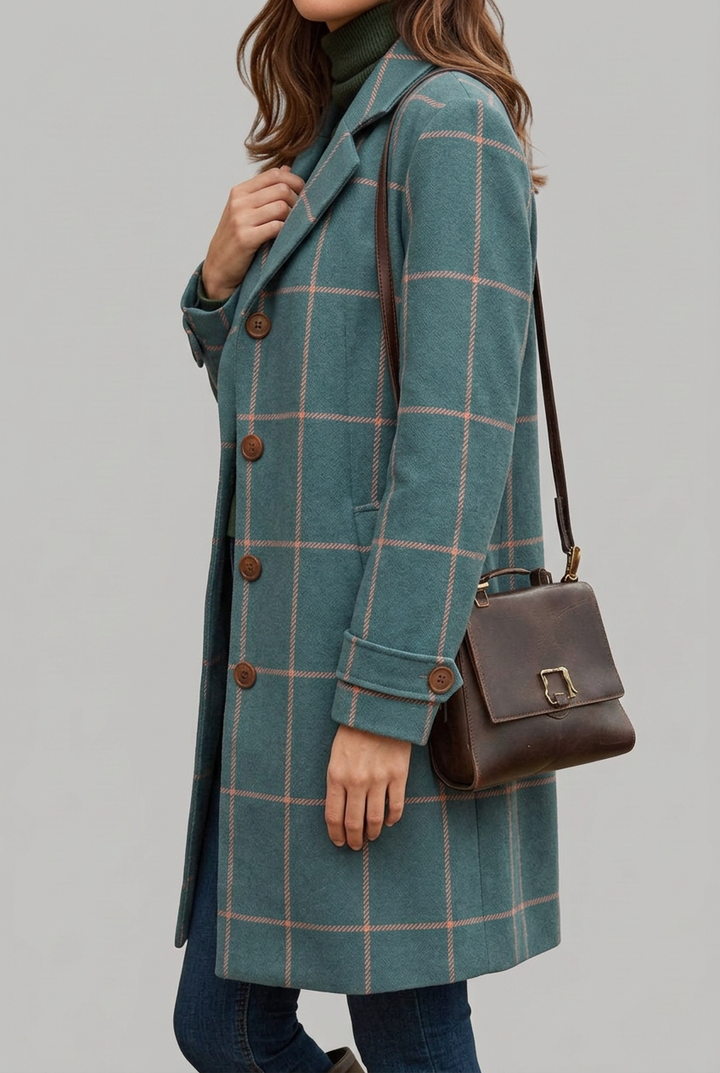 Fashionable women's longline check coat with a sophisticated tailored fit & classic button-front closure.
