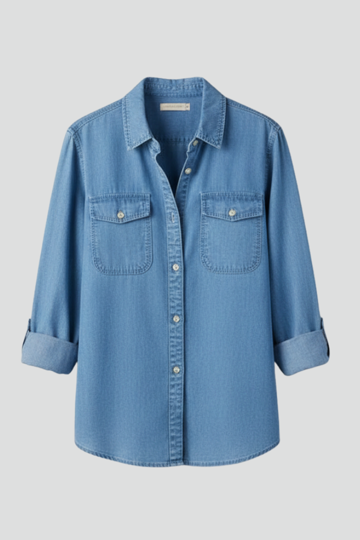 Light blue women's classic long sleeve button-front shirt for versatile casual and everyday wear.
