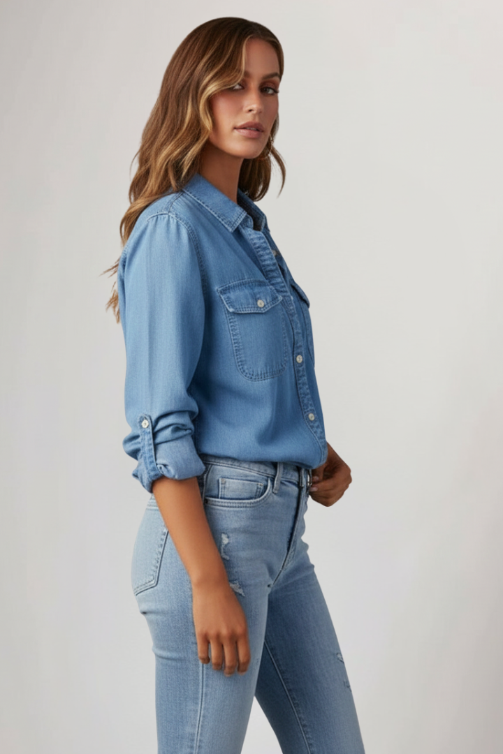 Casual women's light blue long sleeve button-front shirt, perfect for everyday wear and summer fashion.