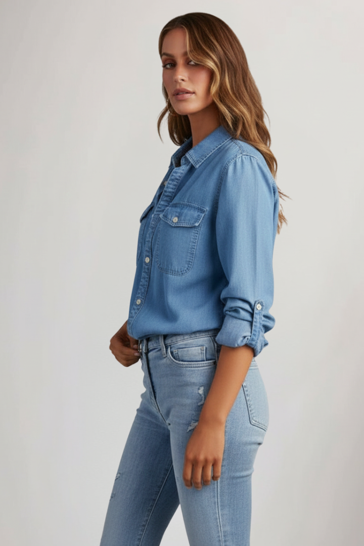 Classic women's light blue long sleeve button-front shirt, an essential for comfortable everyday styling.