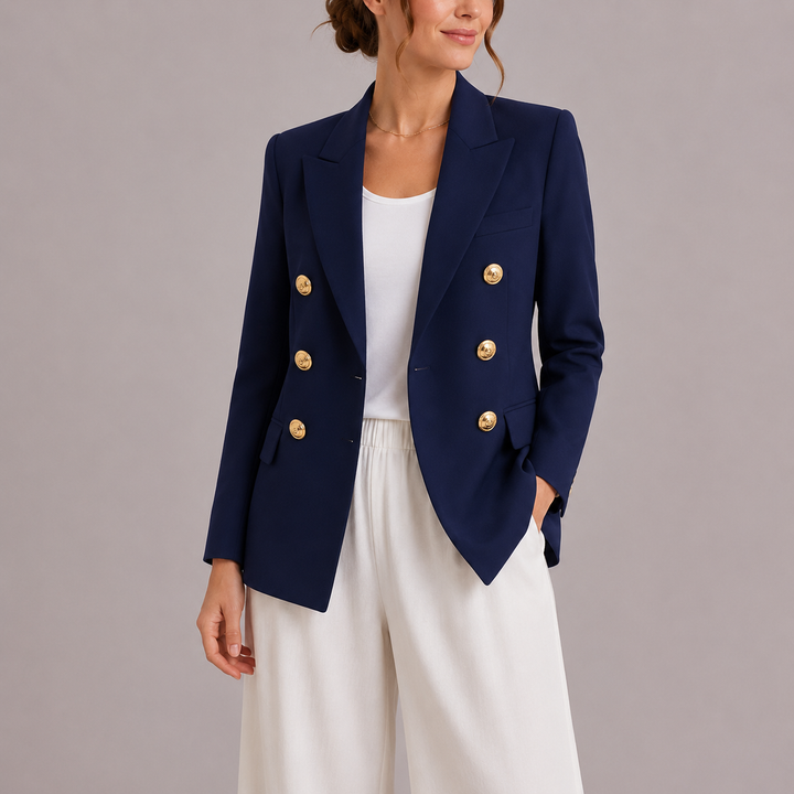 Close-up of a women's tailored blazer showcasing detailed gold buttons & premium fabric, ideal for office wear.