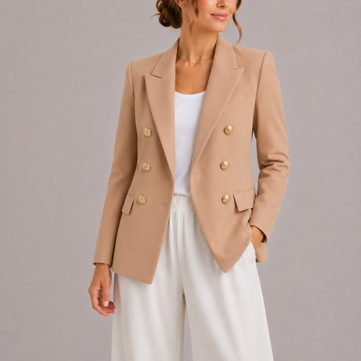 Sophisticated women's double-breasted blazer, a versatile piece for professional office outfits or smart casual events.