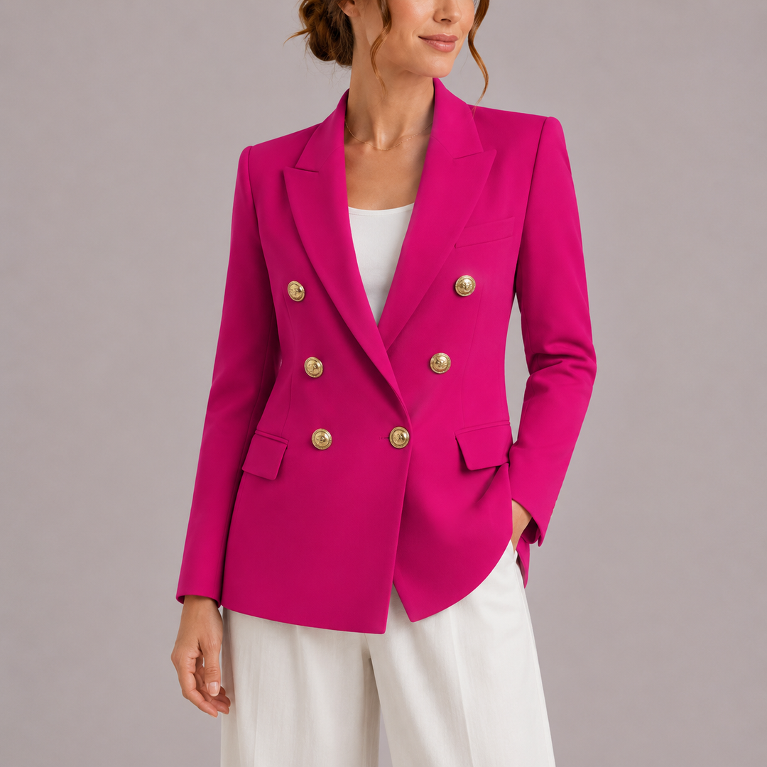 Classic tailored women's blazer with a double-breasted front & elegant gold buttons, enhancing any professional wardrobe.