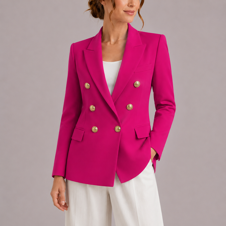 Classic tailored women's blazer with a double-breasted front & elegant gold buttons, enhancing any professional wardrobe.