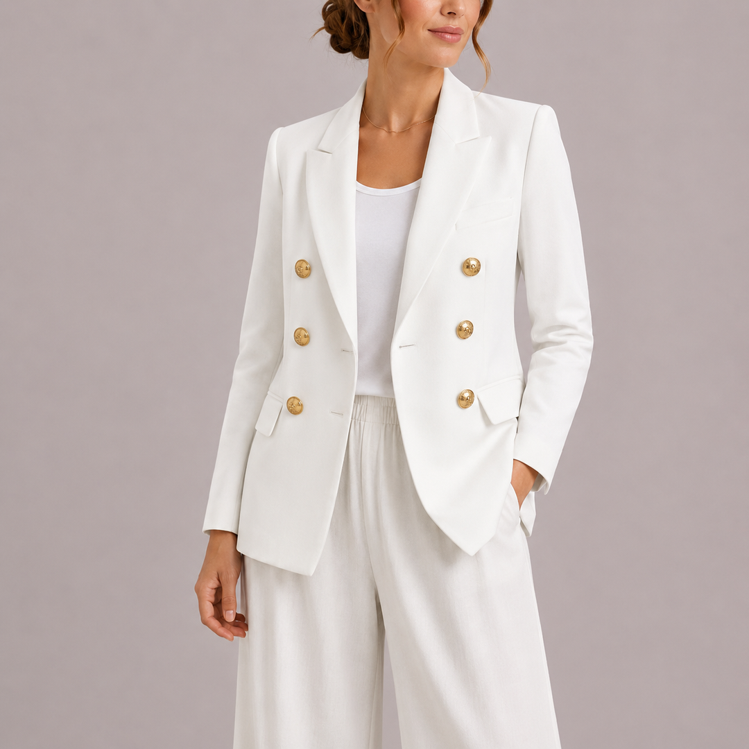 Stylish women's double-breasted blazer, featuring prominent gold buttons, adding a touch of elegance to any ensemble.