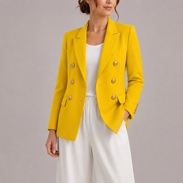 Elegant women's double-breasted blazer with shining gold buttons, a timeless classic for sophisticated fashion.