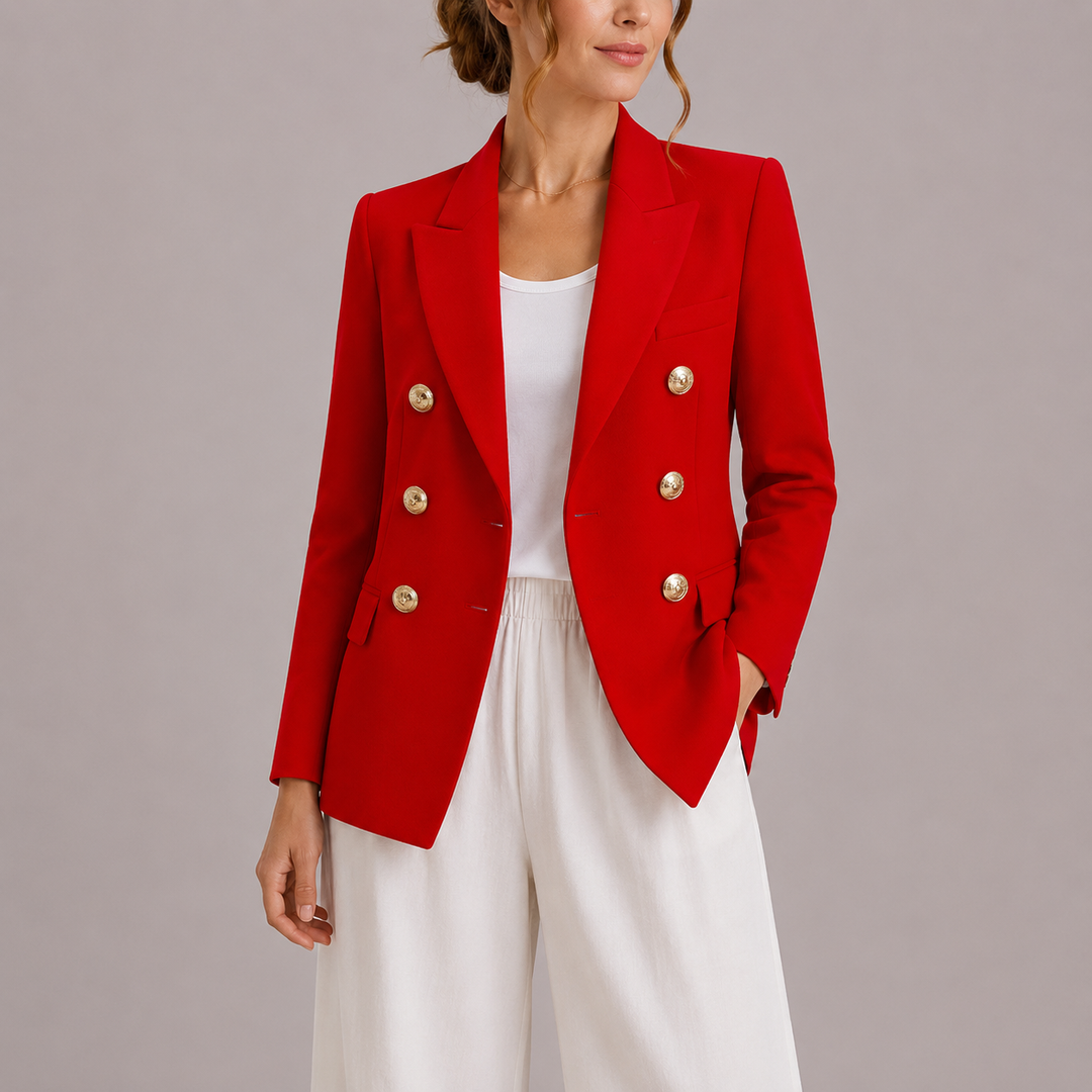 Professional women's double-breasted blazer, a tailored jacket with elegant gold buttons, perfect for office & smart casual.