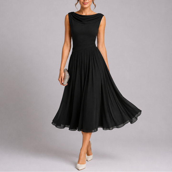 Occasion wear: women's elegant pleated midi dress with a flattering draped neckline, suitable for parties & evenings.