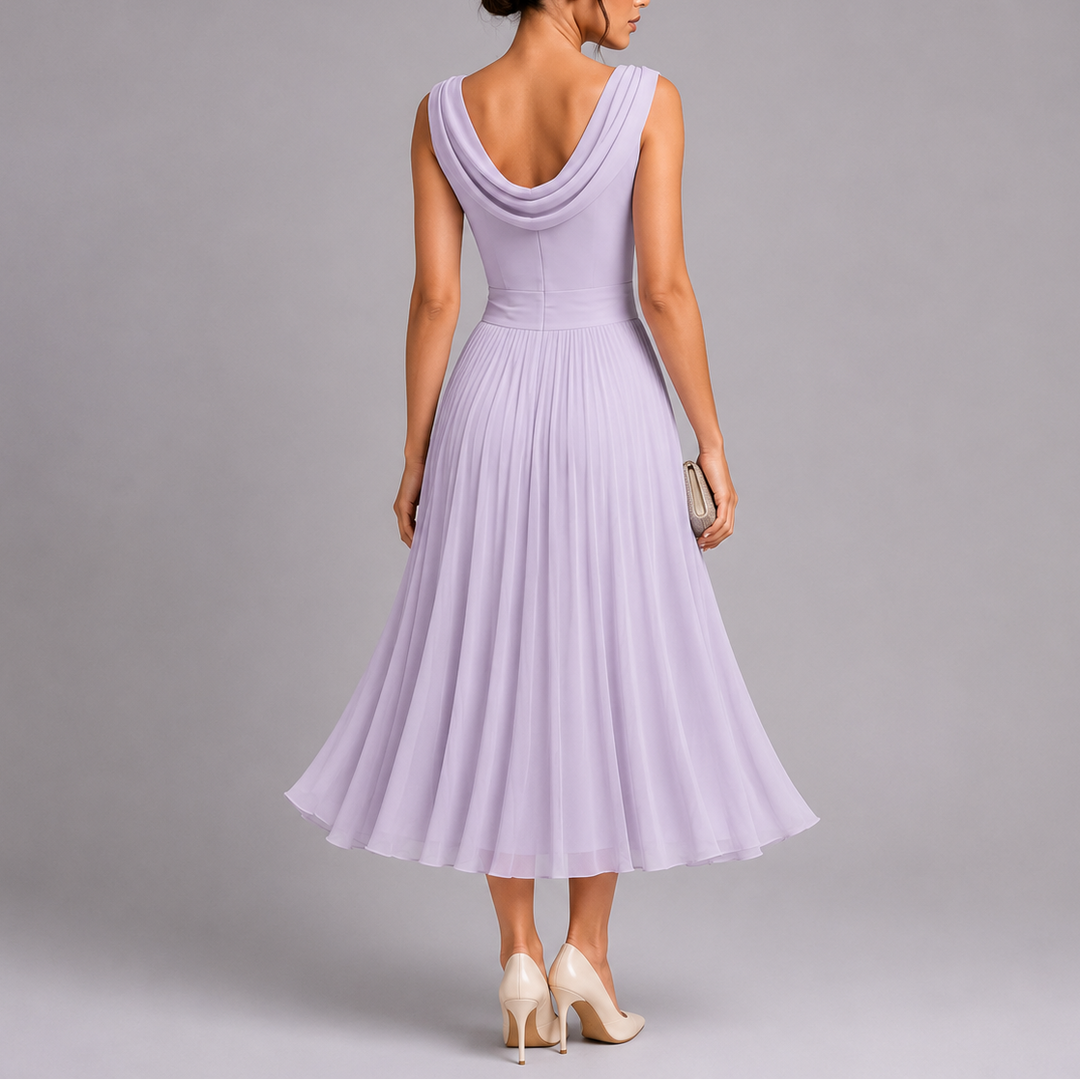 Feminine midi dress featuring elegant pleats & a stylish draped neckline; ideal for formal events & wedding guests.