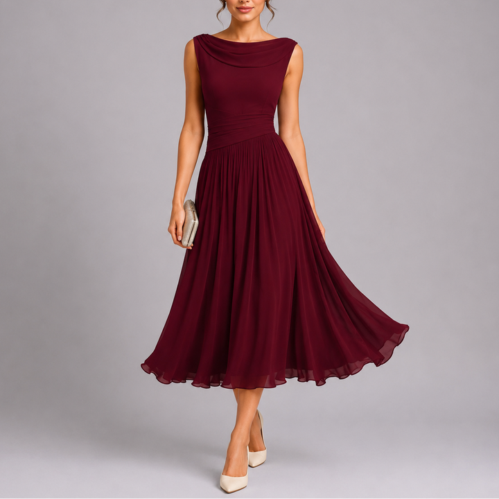 Sophisticated women's pleated midi dress, featuring a graceful draped neckline. A timeless choice for formal events.
