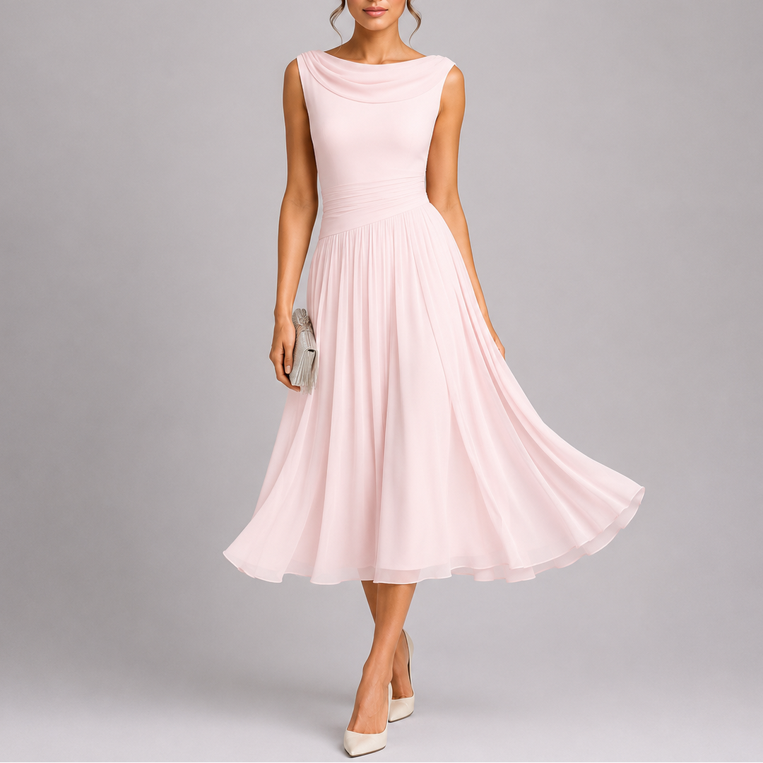 Comfortable & chic women's midi dress with an elegant pleated skirt & beautiful draped neckline.