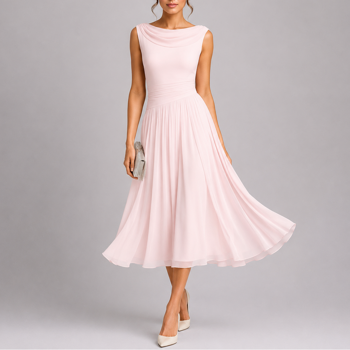 Comfortable & chic women's midi dress with an elegant pleated skirt & beautiful draped neckline.