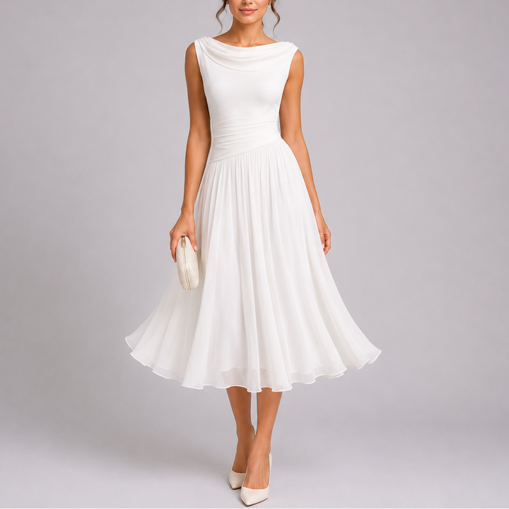 Stunning women's pleated midi dress. The elegant draped neckline makes it ideal for formal evening events.