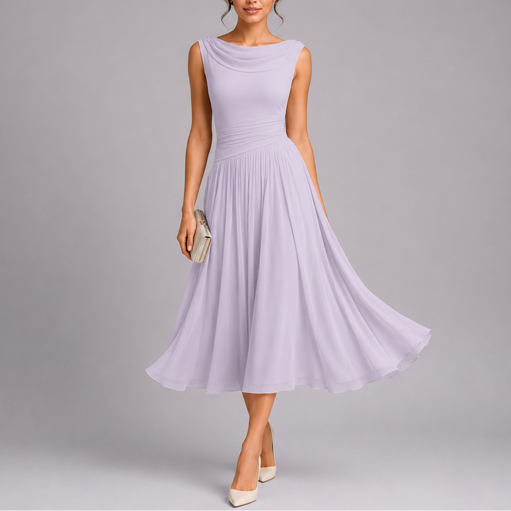 Elegant women's pleated midi dress with a chic draped neckline, perfect for evening or party wear.